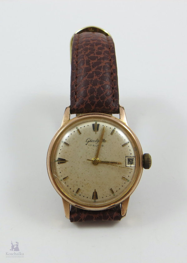 Vintage Glashütte Armbanduhr mit Lederarmband, Stahl vergoldet 17 Rubis