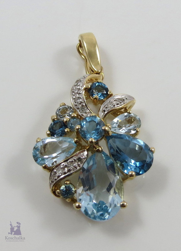 Vintage 585er Goldanhänger mit zehn Diamanten und zehn Blautopas, 0,20 ct