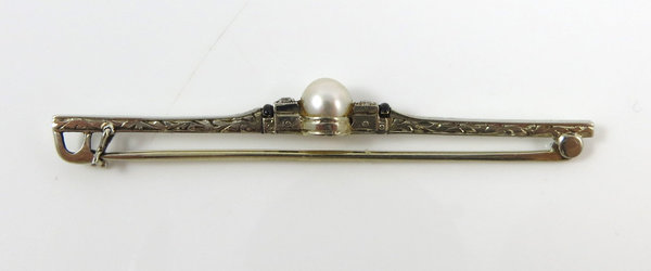 Antike 585er Gelbgold Diamanten, Perle und Onyx Brosche, Handarbeit um 1920