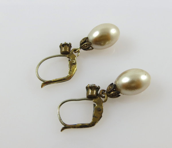 Antike Perlen Ohrringe, Modeschmuck, vergoldet, Tropfenform, Handarbeit um 1920/30