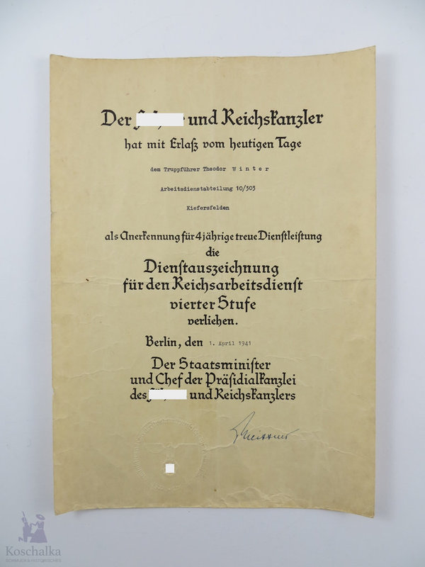 Verleihungsurkunde Dienstauszeichnung für Reichsarbeitsdienst vierter Stufe, 2. Weltkrieg, Original