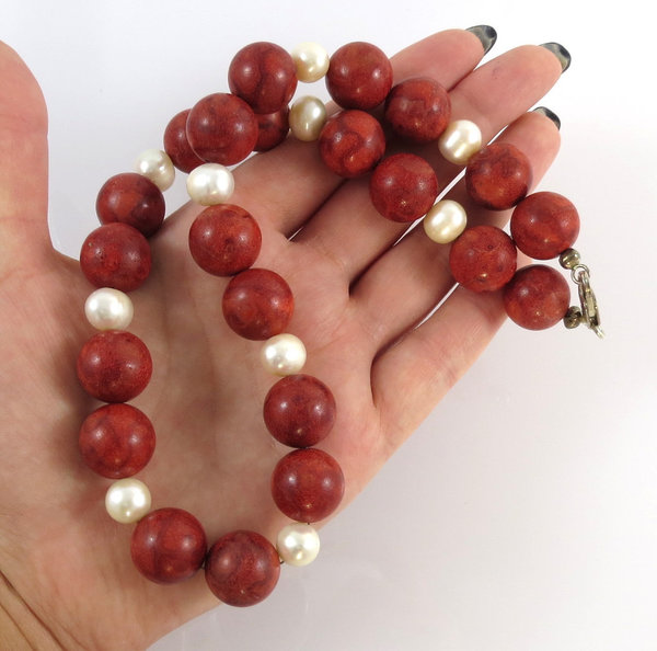 Vintage Schaumkoralle Kugelkette (1,6 cm) mit Perlen und 925er Silberschließe, 98 Gramm