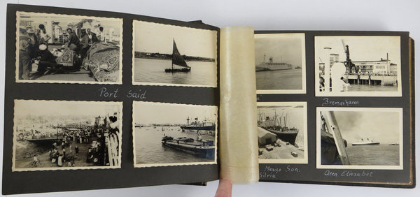 Antikes Lackalbum mit Fotos Schiff MS Silvia, um 1950