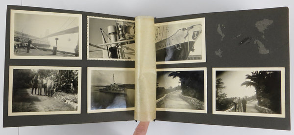Antikes Lackalbum mit Fotos Schiff MS Silvia, um 1950