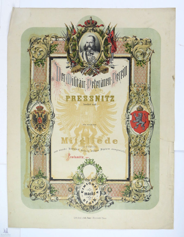 Österreich, Militärveteranenverein Pressnitz, Mitgliedsurkunde um 1900, 48 x 64 cm, Original