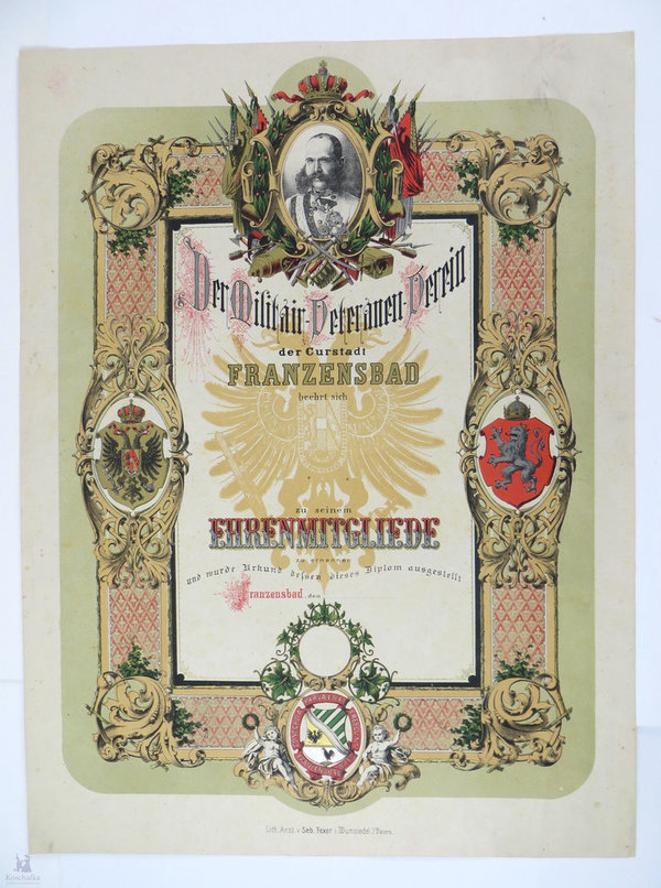 Österreich, Militärveteranenverein Curstadt Franzensbad Ehrenmitgliedsurkunde um 1900, 48 x 64 cm