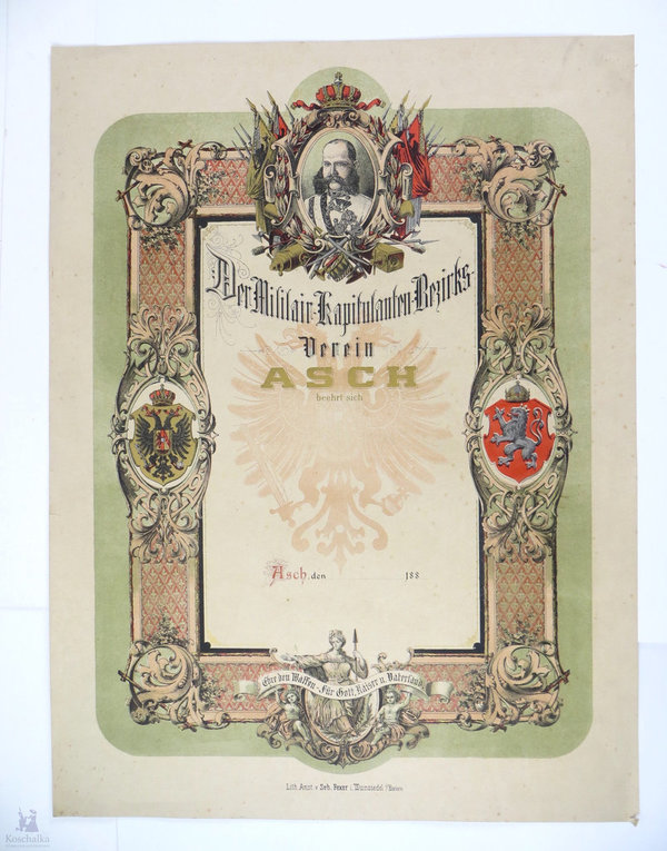 Österreich, Militär Kapitulanten Bezirks Verein Asch, Ehrenurkunde um 1880, 48 x 63,5 cm