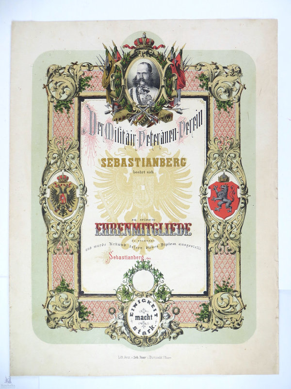 Österreich, Militair Veteranen Verein, Sebastianberg Ehrenurkunde um 1900, 48 x 64 cm, Original