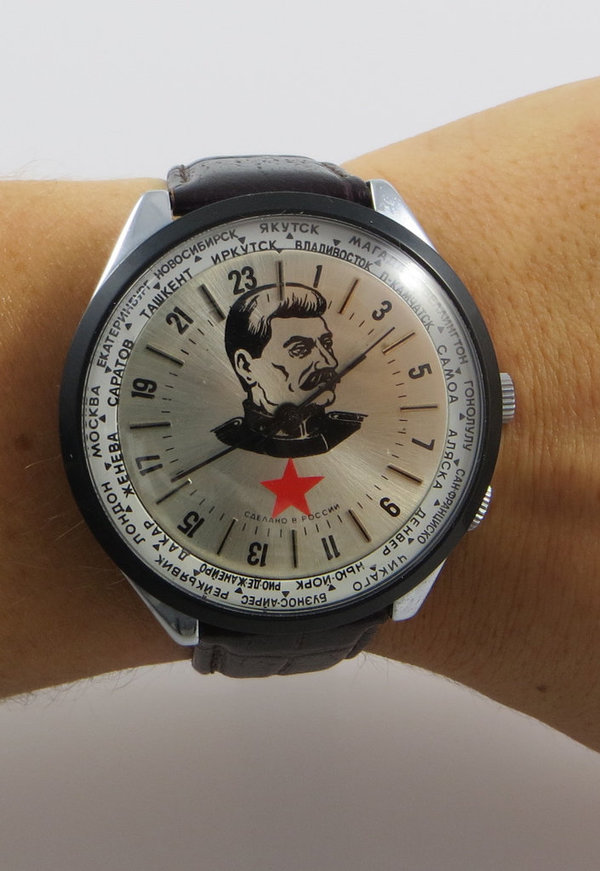Vintage UdSSR - Russland Armbanduhr, 24 Stunden Ziffernblatt mit J.W.Stalin