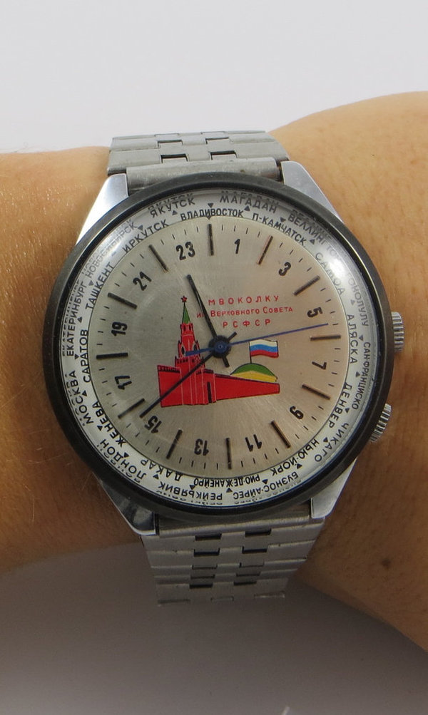 Vintage UdSSR - Russland Armband mit 24 Stunden Ziffernblatt und Zeitzonen, 90er Jahre