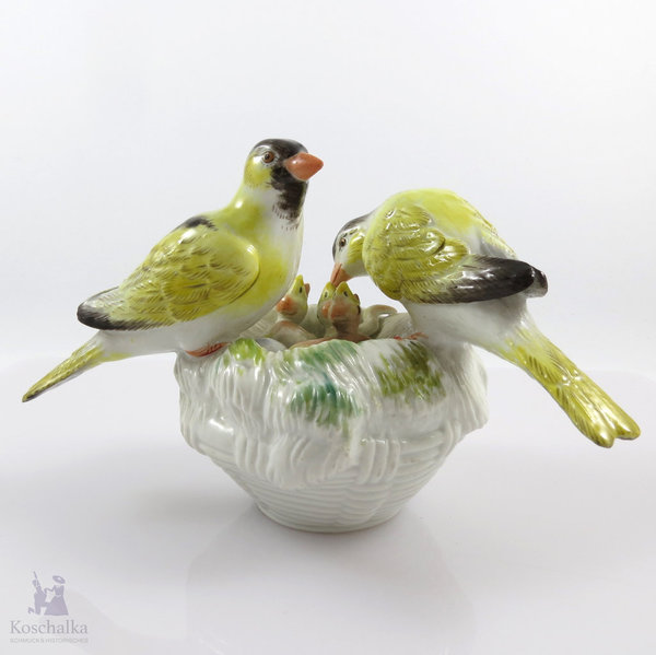 Meissen Porzellan "Kanarienvögel auf Nest" Vogelgruppe, Vogelnest, 9,5 cm, 1. Wahl