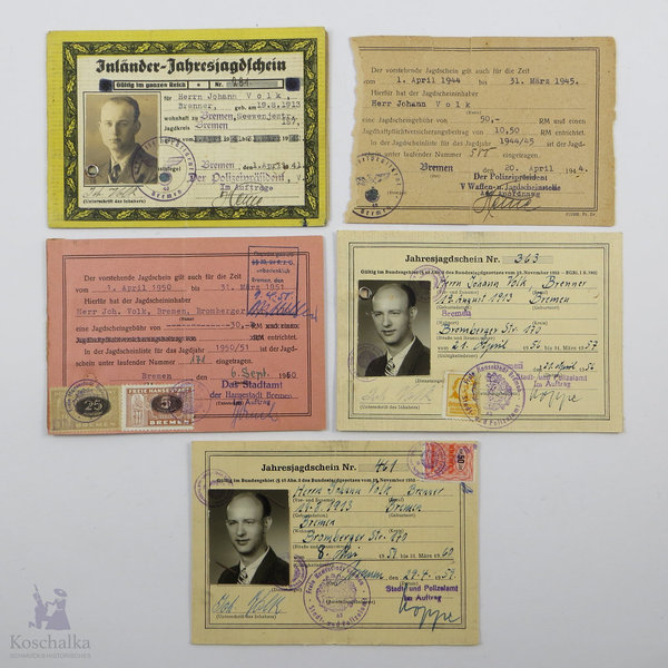 Fünf Inländer-Jahresjagdscheine 1941, 1945, 1951, 1957, 1959, III. Reich und BRD