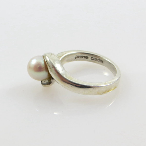 Vintage 925er Silber Designer Ring Pierre Cardin mit Perle, Größe 56