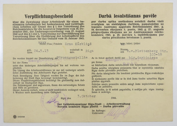 Verpflichtungsbescheid Ostgebiet: Riga, ausgestellt: 3. Oktober 1944