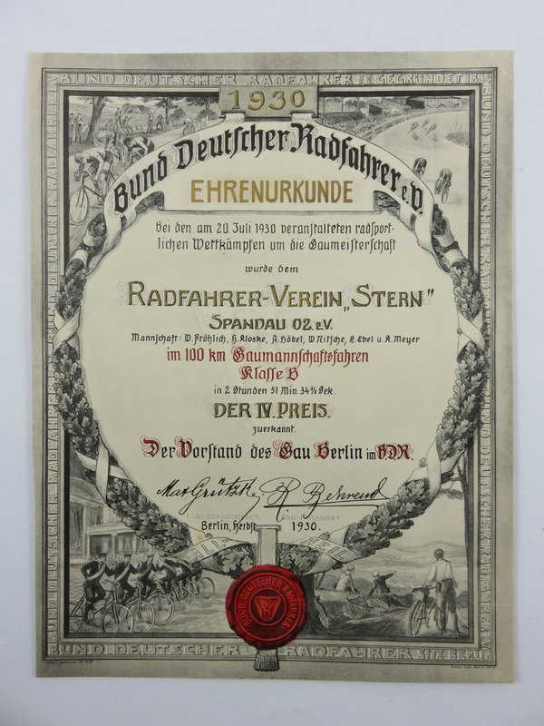 Ehrenurkunde Bund Deutscher Radfahrer 1930, Original
