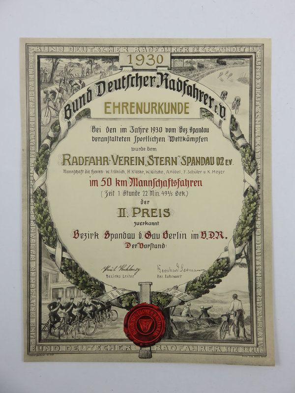 Ehrenurkunde Bund Deutscher Radfahrer 1930, Original