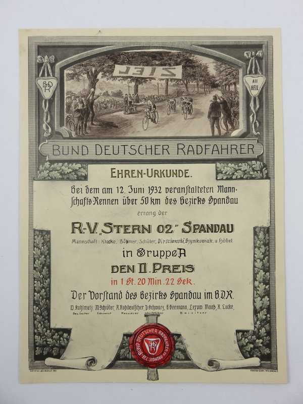 Ehrenurkunde Bund Deutscher Radfahrer 1932, Original
