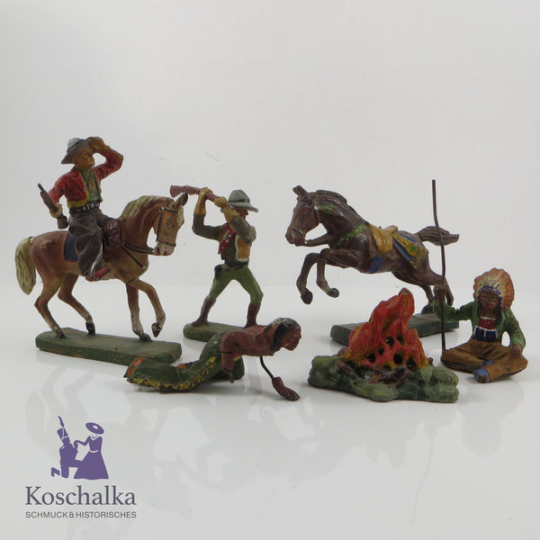 Vintage Elastolin / Lineol Masse - Indianer / Cowboy Figuren, Lot aus 6 Teilen