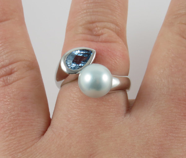 Vintage 925er Silber Ring mit Blautopas und Perle, rhodiniert, Gr. 63, Handarbeit um 1990