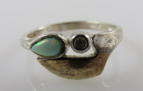 Vintage 925er Silber Ring mit einem Opal und Zirkon, Gr. 57, Handarbeit um 1980