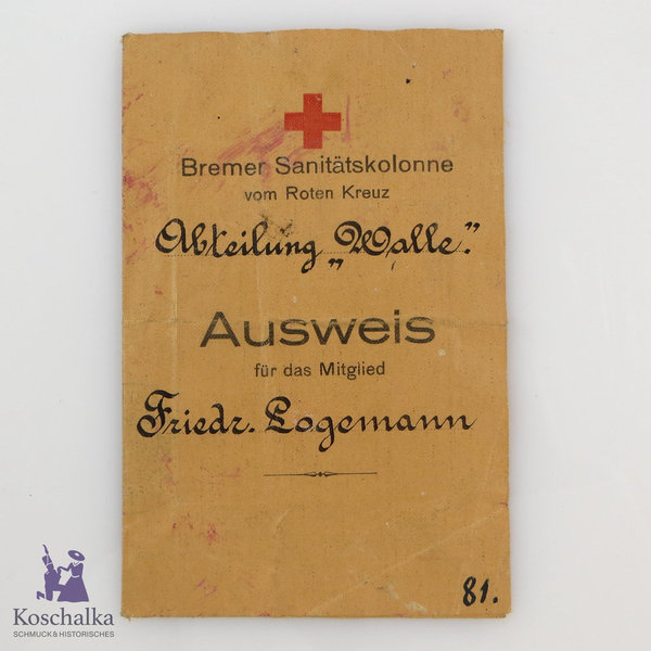 Ausweis der Bremer Sanitätskolonne vom Roten Kreuz, Original