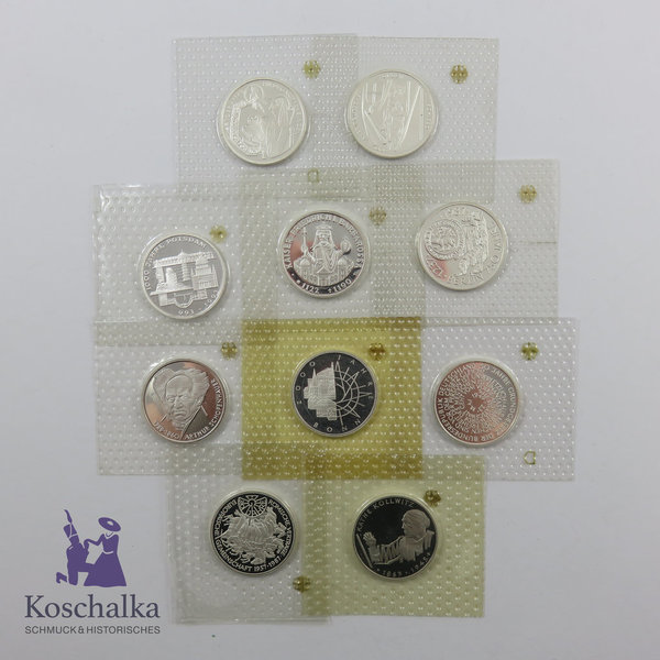 BRD, Konvolut mit 10 Silbermünzen, 10 DM 1987-2000, Erhaltung P.P., original eingeschweißt
