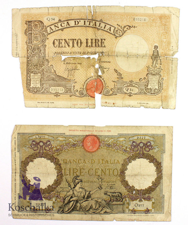 Italien, Banknoten, 2 x 100 Lire, Erh. 3- und zerissen