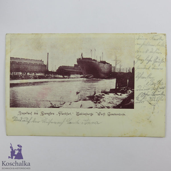 AK / Postkarte "Stapellauf des Dampfers Frankfurt, Teklenburgs Werft Geestemünde", gelaufen 1902