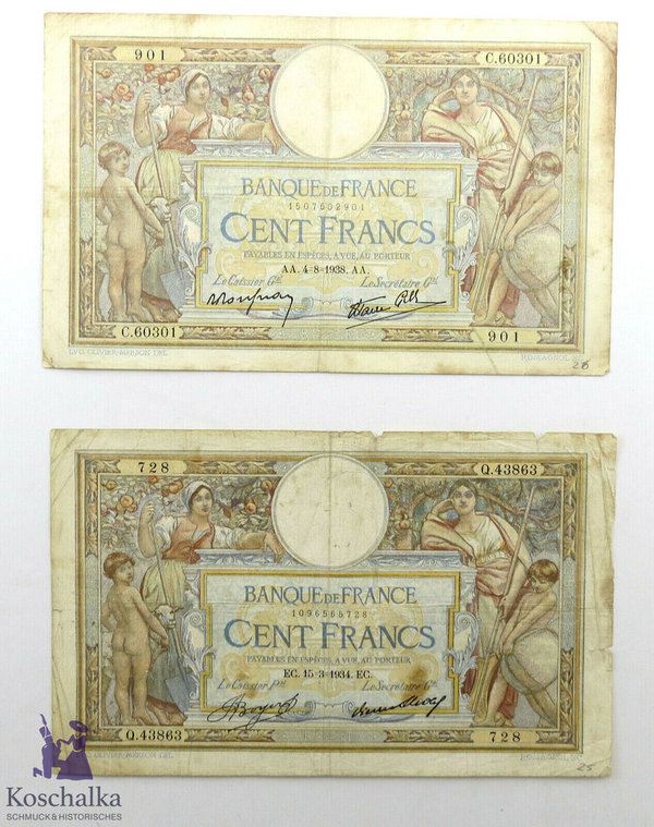 Konvolut mit zwei Banknoten, Frankreich, gebraucht