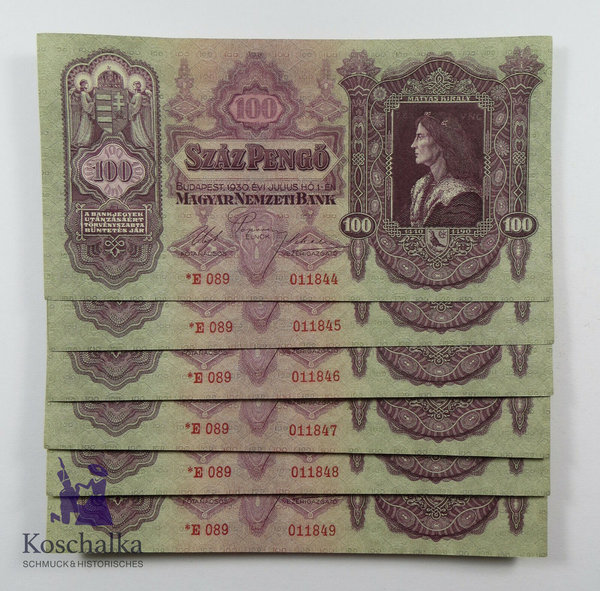 Ungarn, Banknoten, 6 x 100 Pengo, 1930, kassenfrisch, fortlaufende SN