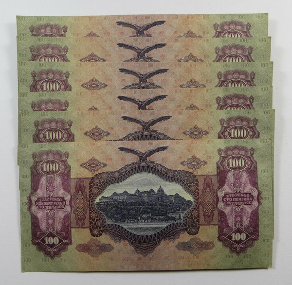 Ungarn, Banknoten, 6 x 100 Pengo, 1930, kassenfrisch, fortlaufende SN