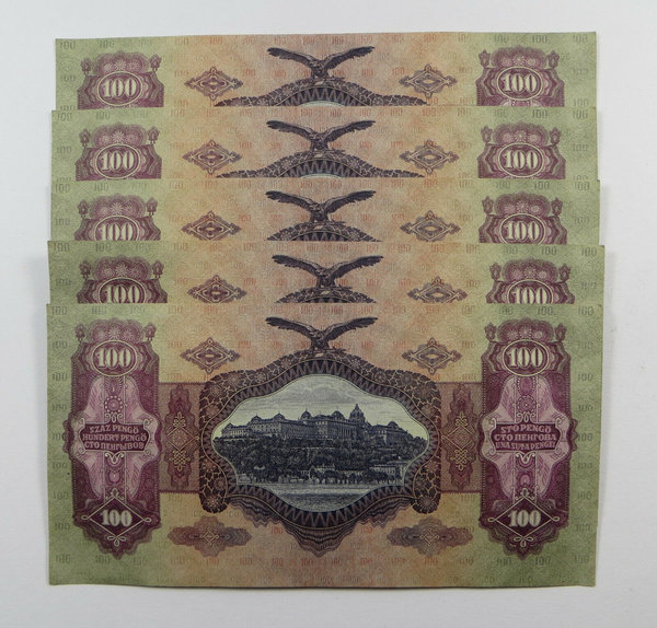 Ungarn, Banknoten, 5 x 100 Pengo, 1930, kassenfrisch, fortlaufende SN