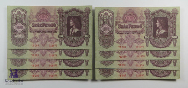 Ungarn, Banknoten, 8 x 100 Pengo, 1930, kassenfrisch, fortlaufende SN