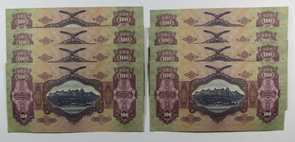 Ungarn, Banknoten, 8 x 100 Pengo, 1930, kassenfrisch, fortlaufende SN