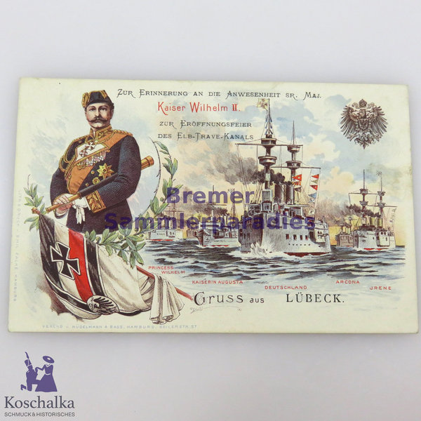 Ak, Gruss aus Lübeck, Kaiser Wilhelm II., Lithographie, um 1900, Original